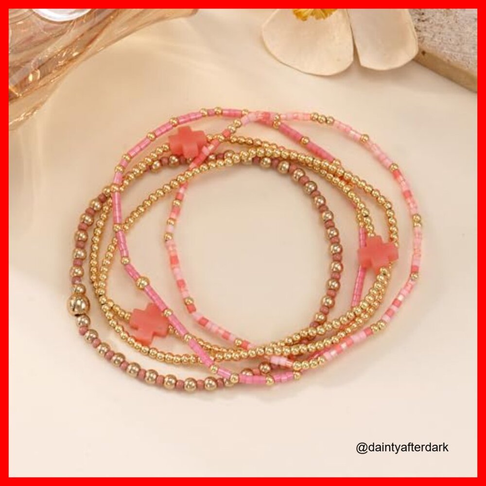 Gold Plated Stretch Bracelets Stack Set Boho Bead… - image 4